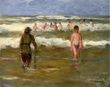  bathing Art - boys bathing with beach warden 1907 Max Liebermann German Impressionism